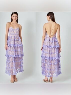 Endless Rose crochet lace layered midi dress in lilac NWT